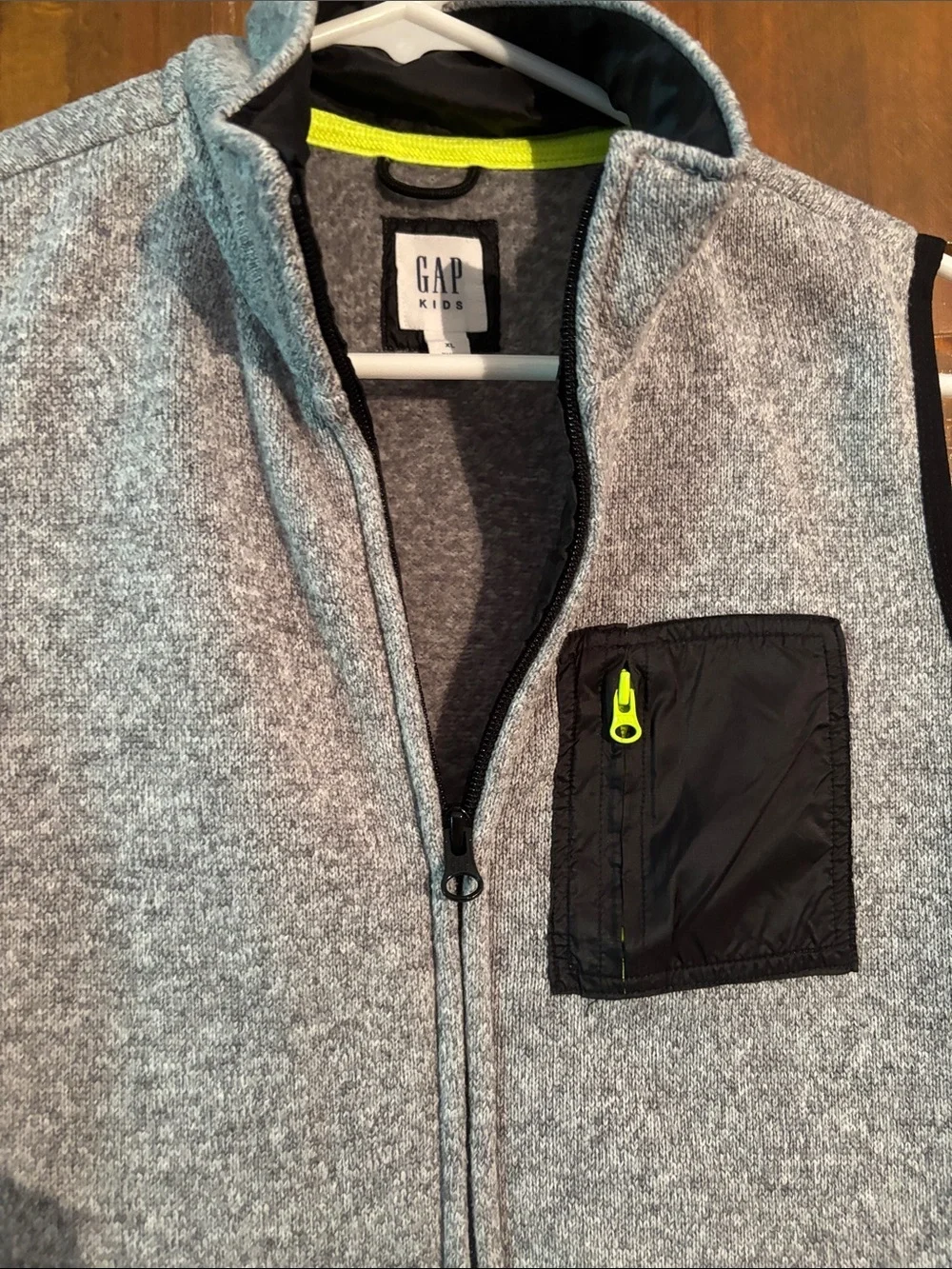 GAP Gray Fleece Vest with Black Pocket and Neon Yellow Accent